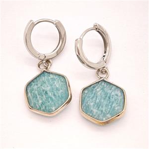 Green Amazonite Copper Hoop Earrings Hexagon Platinum Plated, approx 15mm, 14mm dia [GR10890]