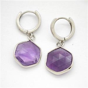 Purple Amethyst Copper Hoop Earrings Hexagon Platinum Plated, approx 15mm, 14mm dia [GR10891]