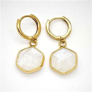Clear Quartz Copper Hoop Earrings Hexagon Gold Plated, approx 15mm, 14mm dia [GR10892]