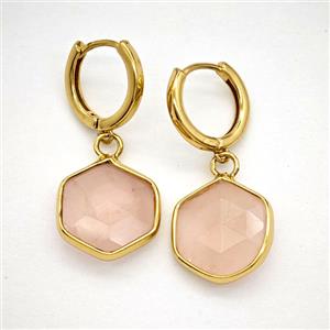 Pink Rose Quartz Copper Hoop Earrings Hexagon Gold Plated, approx 15mm, 14mm dia [GR10893]