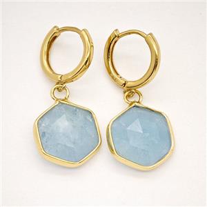 Blue Aquamarine Copper Hoop Earrings Hexagon Gold Plated, approx 15mm, 14mm dia [GR10894]