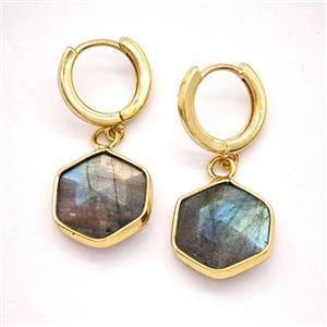 Labradorite Copper Hoop Earrings Hexagon Gold Plated, approx 15mm, 14mm dia [GR10895]