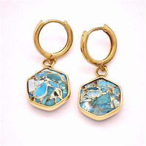 Blue Mosaic Turquoise Copper Hoop Earrings Hexagon Gold Plated, approx 15mm, 14mm dia [GR10896]