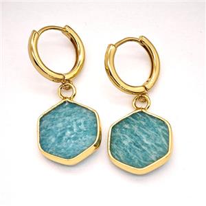 Green Amazonite Copper Hoop Earrings Hexagon Gold Plated, approx 15mm, 14mm dia [GR10897]