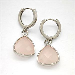 Pink Rose Quartz Copper Hoop Earrings Triangle Platinum Plated, approx 14mm, 14mm dia [GR10900]