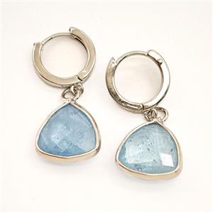 Blue Aquamarine Copper Hoop Earrings Triangle Platinum Plated, approx 14mm, 14mm dia [GR10901]