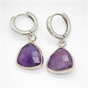 Purple Amethyst Copper Hoop Earrings Triangle Platinum Plated, approx 14mm, 14mm dia [GR10905]