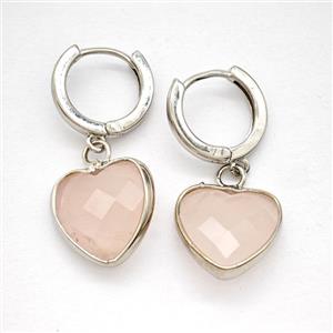 Pink Rose Quartz Copper Hoop Earrings Heart Platinum Plated, approx 14mm, 14mm dia [GR10914]