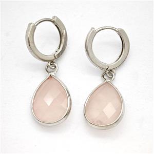 Pink Rose Quartz Copper Hoop Earrings Teardrop Platinum Plated, approx 12-16mm, 14mm dia [GR10928]