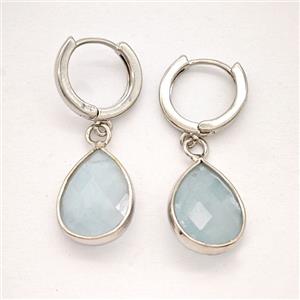 Blue Aquamarine Copper Hoop Earrings Teardrop Platinum Plated, approx 12-16mm, 14mm dia [GR10929]