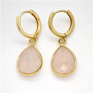 Pink Rose Quartz Copper Hoop Earrings Teardrop Gold Plated, approx 12-16mm, 14mm dia [GR10935]