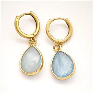 Blue Aquamarine Copper Hoop Earrings Teardrop Gold Plated, approx 12-16mm, 14mm dia [GR10936]