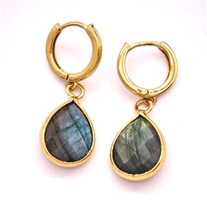 Labradorite Copper Hoop Earrings Teardrop Gold Plated, approx 12-16mm, 14mm dia [GR10937]