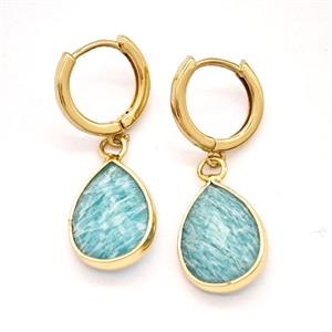 Green Amazonite Copper Hoop Earrings Teardrop Gold Plated, approx 12-16mm, 14mm dia [GR10939]