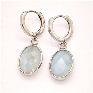 Blue Aquamarine Copper Hoop Earrings Oval Platinum Plated, approx 12-16mm, 14mm dia [GR10942]