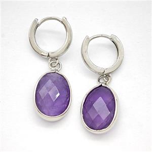 Purple Amethyst Copper Hoop Earrings Oval Platinum Plated, approx 12-16mm, 14mm dia [GR10946]