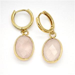 Pink Rose Quartz Copper Hoop Earrings Oval Gold Plated, approx 12-16mm, 14mm dia [GR10948]