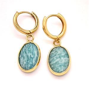 Green Amazonite Copper Hoop Earrings Oval Gold Plated, approx 12-16mm, 14mm dia [GR10952]