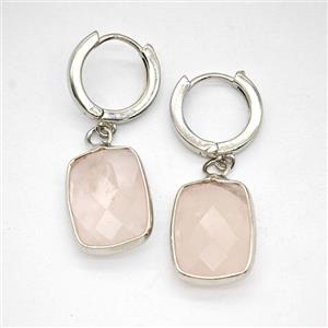 Pink Rose Quartz Copper Hoop Earrings Rectangle Platinum Plated, approx 12-16mm, 14mm dia [GR10955]
