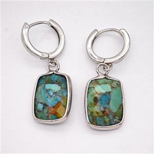 Mosaic Turquoise Copper Hoop Earrings Rectangle Platinum Plated, approx 12-16mm, 14mm dia [GR10958]