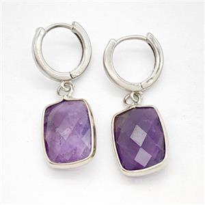 Purple Amethyst Copper Hoop Earrings Rectangle Platinum Plated, approx 12-16mm, 14mm dia [GR10960]