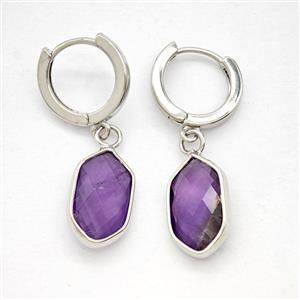 Purple Amethyst Copper Hoop Earrings Prism Platinum Plated, approx 9-16mm, 14mm dia [GR10974]