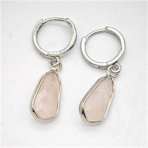 Pink Rose Quartz Copper Hoop Earrings Teardrop Platinum Plated, approx 9-16mm, 14mm dia [GR10983]