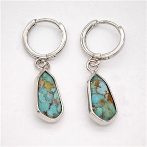 Mosaic Turquoise Copper Hoop Earrings Teardrop Platinum Plated, approx 9-16mm, 14mm dia [GR10986]