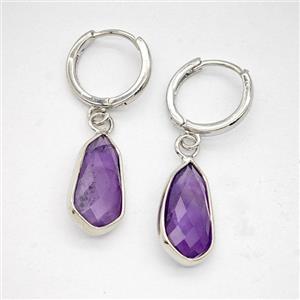 Purple Amethyst Copper Hoop Earrings Teardrop Platinum Plated, approx 9-16mm, 14mm dia [GR10988]