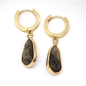 Labradorite Copper Hoop Earrings Teardrop Gold Plated, approx 9-16mm, 14mm dia [GR10992]
