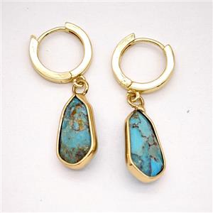 Blue Mosaic Turquoise Copper Hoop Earrings Teardrop Gold Plated, approx 9-16mm, 14mm dia [GR10993]
