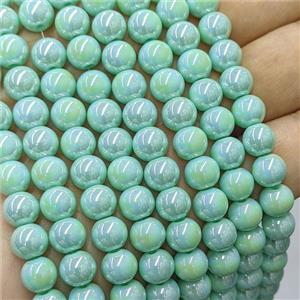 Green Jadeite Glass Beads Smooth Round Electroplated, approx 8mm [GS3001]