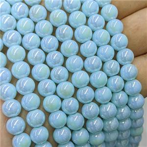 Blue Jadeite Glass Beads Smooth Round Electroplated, approx 8mm [GS3002]