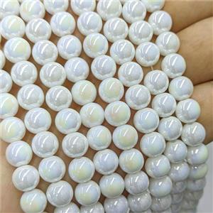 White Jadeite Glass Beads Smooth Round Electroplated, approx 8mm [GS3004]