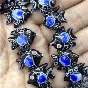 Porcelain Fish Beads Black Blue, approx 22mm [PP10656]