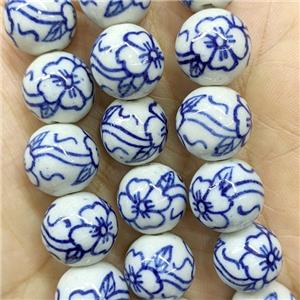 Porcelain Round Beads Blue Flower, approx 14mm, 27pcs per st [PP10713]
