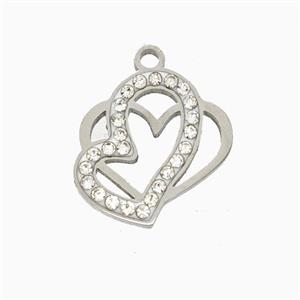 Raw Stainless Steel Heart Pendant Pave Rhinestone, approx 15mm [SSB7267]