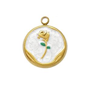 Stainless Steel Flower Pendant White Painted Gold Plated, approx 15mm [SSB7288]