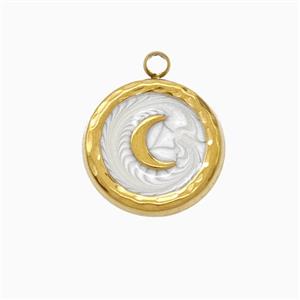 Stainless Steel Moon Pendant White Painted Gold Plated, approx 15mm [SSB7292]