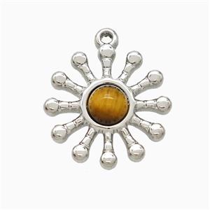 Raw Stainless Steel Flower Pendant Pave Tigereye, approx 17mm [SSB7311]