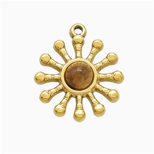 Stainless Steel Flower Pendant Pave Tigereye Gold Plated, approx 17mm [SSB7312]