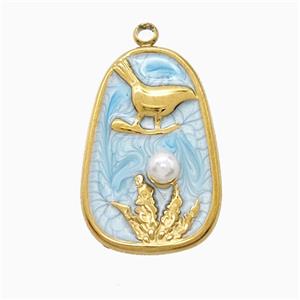 Stainless Steel Bird Pendant Pave Resin Blue Painted Flower Gold Plated, approx 15-23mm [SSB7318]