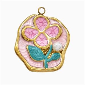 Stainless Steel Flower Pendant Pink Painted Gold Plated, approx 20-21mm [SSB7337]