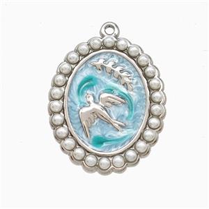 Raw Stainless Steel Bireds Pendant Pave Resin Teal Painted Leaf, approx 20-24mm [SSB7340]