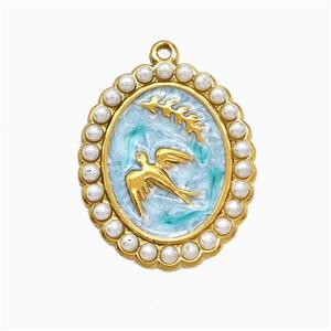 Stainless Steel Bireds Pendant Pave Resin Teal Painted Leaf Gold Plated, approx 20-24mm [SSB7341]
