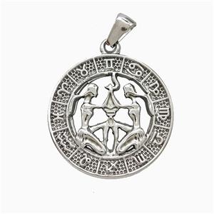 Raw Stainless Steel Symbols Pendant Zodiac Gemini Circle, approx 25mm [SSB7350]