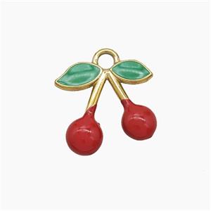 Stainless Steel Cherry Pendant Green Red Enamel Gold Plated, approx 14mm [SSB7495]