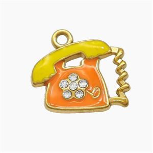 Stainless Steel Telphone Charms Pendant Pave Zirconia Yellow Orange Enamel Gold Plated, approx 14-18mm [SSB7627]