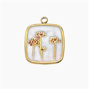 Stainless Steel Flower Pendant White Enamel Square Gold Plated, approx 15mm [SSB7647]