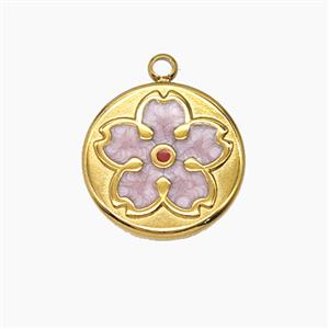 Stainless Steel Flower Pendant Pink Enamel Gold Plated, approx 15.5mm [SSB7650]